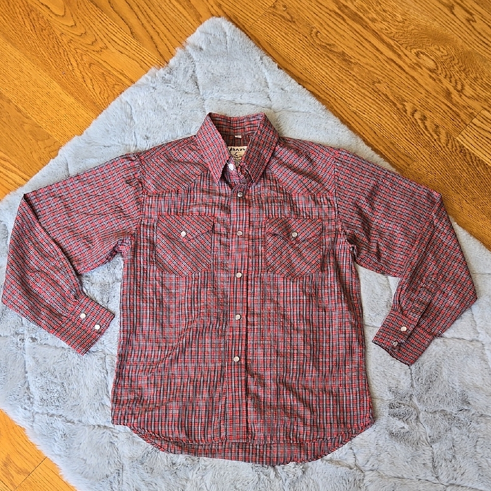 Krazy Kids Red/Grey Plaid Pearl Snap Shirt, Boys Large, Decent Condition